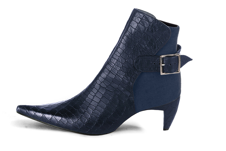 Navy blue women's ankle boots with buckles at the back. Pointed toe. Medium comma heels. Profile view - Florence KOOIJMAN